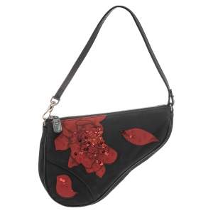 Dior Black/Red Floral Print Fabric Limited Edition Saddle Bag