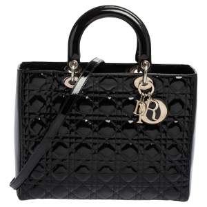 مملوكة مسبقًا Dior Black Cannage Patent Leather Large Lady Dior Tote