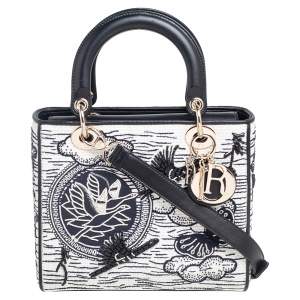 مملوكة مسبقًا Dior Black/White Woven Leather Medium Beads Embroidered Lady Dior Tote 