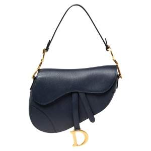 Pre Owned Dior Navy Blue Grained Leather Saddle Bag