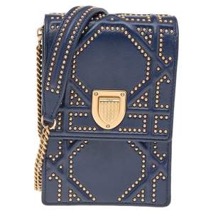 Dior Navy Blue Leather Studded Diorama Vertical Clutch Bag