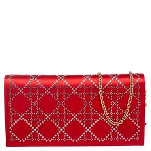 Dior Red Crystal Cannage Satin Chain Clutch
