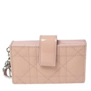 Pre Owned Dior Powder Pink Cannage Patent Leather Lady Dior 5 Gusset Card Holder