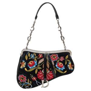 Dior Multicolor Suede and Patent Embroidery Flower Saddle Pouch 