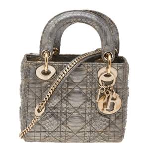 Dior Beige/Gold Python Mini Lady Dior Chain Tote
