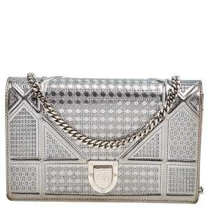 Pre Owned Christian Dior Metallic Silver Micro Cannage Leather Diorama Wallet on Chain