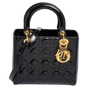 Dior Black Cannage Patent Leather Medium Lady Dior Tote
