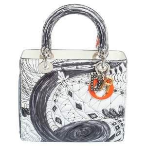 مملوكة مسبقًا Dior White/Black Leather Medium Jack Pierson Art Lady Dior Tote