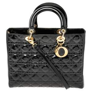 Pre Owned حقيبة يد ديور ليدي ديور كبيرة جلد لامع كاناج أسود