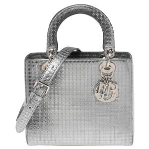 مملوكة مسبقًا Dior Metallic Silver Micro Cannage Patent Leather Medium Lady Dior Tote