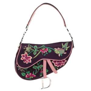 Pre Owned Dior Purple/Pink Floral Embroidered Fabric and Patent Leather Limited Edition Saddle Bag