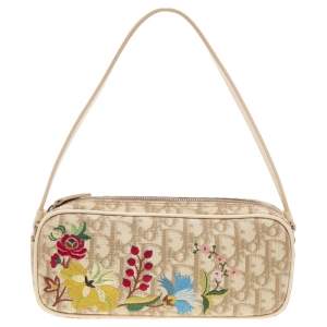 مملوكة مسبقًا Dior Beige Oblique Coated Canvas Floral Embroidered Clutch Bag