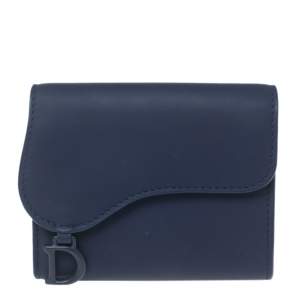Pre Owned Dior Indigo Ultramatte Leather Saddle Compact Wallet