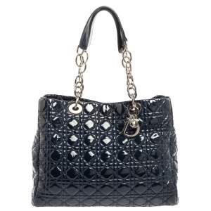 Pre Owned Dior Navy Blue Cannage Quilted Soft Patent Leather Large Shopping Tote