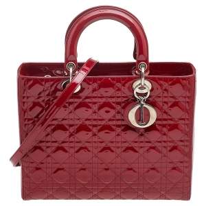 Pre Owned Dior Red Cannage Patent Leather Large Lady Dior Tote