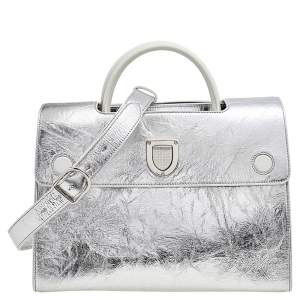 Pre Owned Dior Metallic Silver Leather Medium Diorever Bag