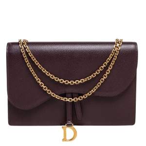 Pre Owned Dior Burgundy Leather Saddle Chain Flap Shoulder Bag