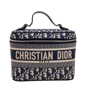 Pre Owned Dior Blue Oblique Canvas Travel Vanity Case Top Handle Bag