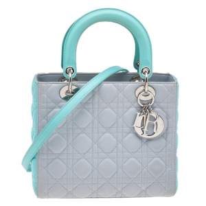 Pre Owned Dior Grey/Turquoise Cannage Leather Medium Lady Dior Tote