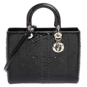 Pre Owned Dior Black Python Large Lady Dior Tote