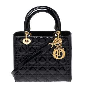 Pre Owned حقيبة يد توتس ليدي ديور جلد كاناج أسود لامع متوسطة