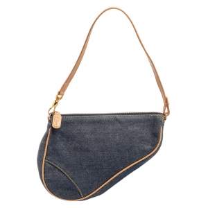 Pre Owned Dior Navy Blue Denim Saddle Pochette Bag