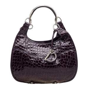 Pre Owned Dior Purple Croc Embossed Patent Leather 61 Tote