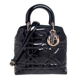 Pre Owned Dior Black Cannage Patent Leather Small Granville Tote