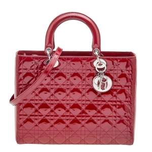 Pre Owned Dior Red Cannage Patent Leather Large Lady Dior Tote