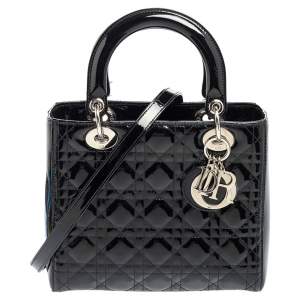 Pre Owned Dior Black Cannage Patent Leather Medium Lady Dior Tote