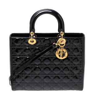 Pre Owned حقيبة يد توتس ديور ليدي ديور جلد لامع كاناج أسود كبيرة