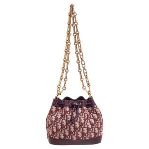 Pre Owned Dior Burgundy Oblique Canvas and Leather Drawstring Chain Bucket Bag