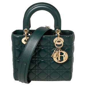 Pre Owned Dior Green Cannage Leather Small Lucky Badges Lady Dior Tote