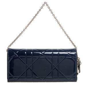 Pre Owned Dior Navy Blue Cannage Patent Leather Lady Dior Wallet On Chain
