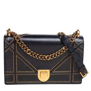 Pre Owned Dior Black Leather Medium Studded Diorama Flap Shoulder Bag