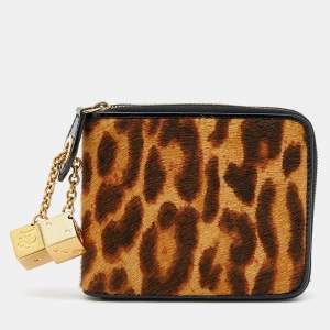 Pre Owned Dior Brown/Black Leopard CalfHair Gambler Dice Zip Around Wallet