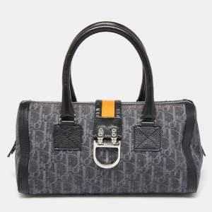 Pre Owned Dior Blue/Black Oblique Denim and Leather Flight Line Satchel