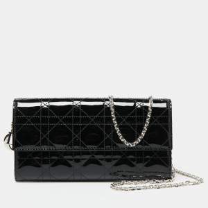 Pre Owned Dior Black Cannage Leather Lady Dior Wallet On Chain