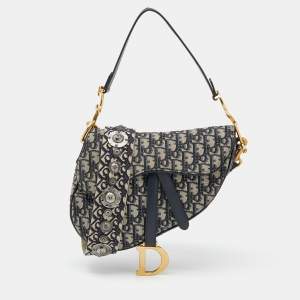 Pre Owned Dior Navy Blue/Beige Oblique Jacquard And Leather Saddle Bag
