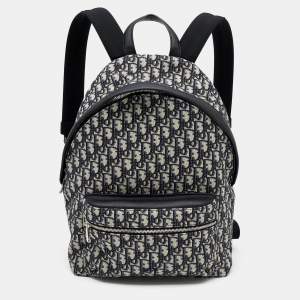Dior Navy Blue/White Oblique Canvas and Leather Rider Backpack