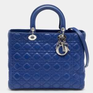 Pre Owned حقيبة يد ديور ليدي ديور جلد كاناج زرقاء كبيرة