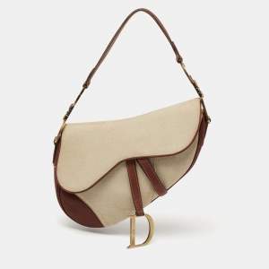 Pre Owned Dior Beige/Brown Canvas and Leather Saddle Bag