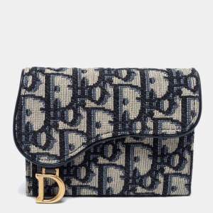 Pre Owned Dior Blue Oblique Jacquard Saddle 5 Gusset Card Holder