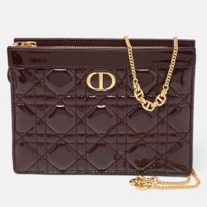 Dior Burgundy Cannage Patent Leather Caro Zipped Chain Pouch