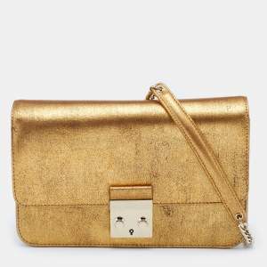 Pre Owned Dior Metallic Gold Crinkled Leather Miss Flap Shoulder Bag