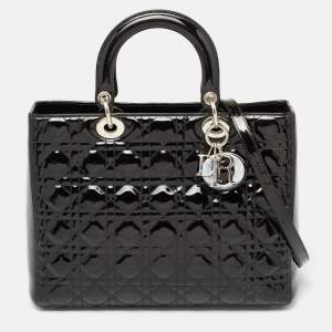 Pre Owned Dior Black Patent Cannage Leather Large Lady Dior Tote