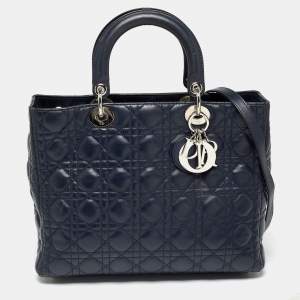 Pre Owned Dior Navy Blue Cannage Leather Large Lady Dior Tote