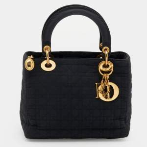 Pre Owned Dior Black Cannage Quilted Nylon Medium Lady Dior Tote