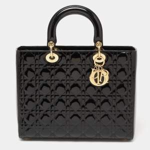 Pre Owned Dior Black Cannage Patent Leather Large Lady Dior Tote
