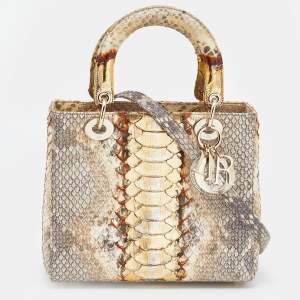 Pre Owned Dior Beige/Gold Python Medium Lady Dior Tote